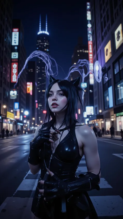highdefinition picture、The cat monster girl that haunts Chicago at night、There is a seven-color ghost behind her