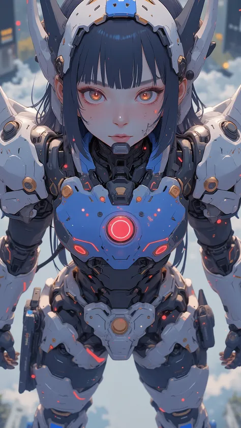 top-down view / bird’s-eye view、close-up、詳細で印象的なガンダムを連想させるロボットSuitを着た美しい日本人女性が、Standing with arms outstretched , looks up at the sky. Suit、 Women's face and eyes a prominent blue chest plate with red and gold accents, features a design reminiscent of futur...