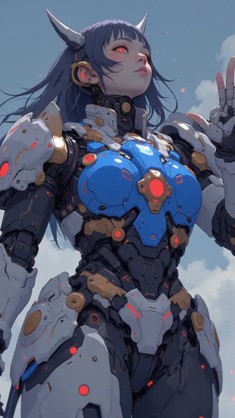 low-angle view / worm’s-eye view、close-up、詳細で印象的なガンダムを連想させるロボットSuitを着た美しい日本人女性が、Standing with arms outstretched , looks up at the sky. Suit、 Women's face and eyes a prominent blue chest plate with red and gold accents, features a design reminiscent of futu...