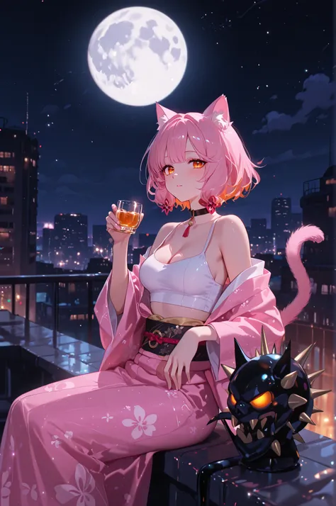 (2D anime style illustration, Illustrious style.) A 20-something adult female cat with cat ears and a cat tail, with pink shaggy bob hair, deep orange eyes, a pink yukata, and a white crop top that shows her cleavage, sitting on the roof of a building on a...