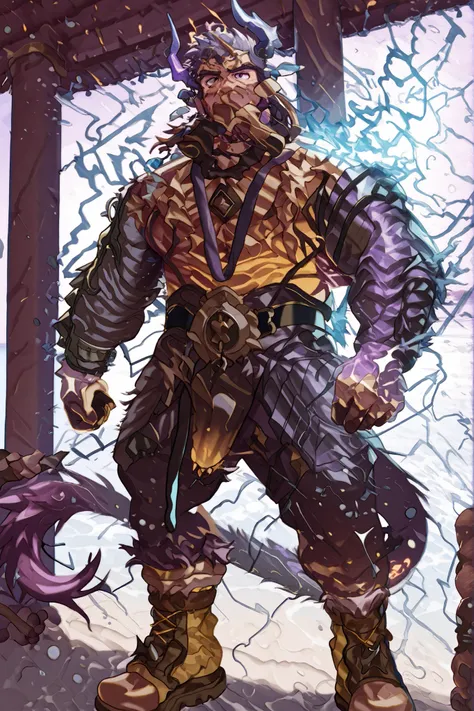 male devil playing in a water park,switch to a larger image, Background of the depiction.、his genitals are not depicted、burning in a yellow flame,more than the character Realistic,horns growing from purple lightning,The upper half of his devilish face is c...