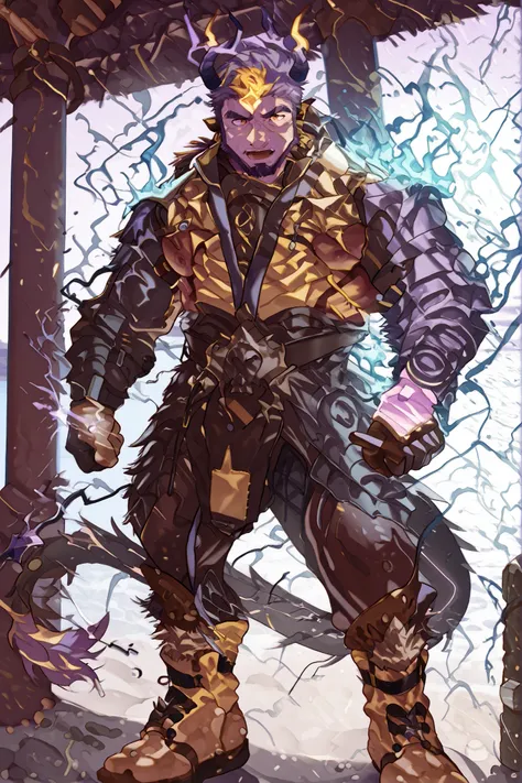 male devil playing in a water park,switch to a larger image, Background of the depiction.、his genitals are not depicted、burning in a yellow flame,more than the character Realistic,horns growing from purple lightning,The upper half of his devilish face is c...