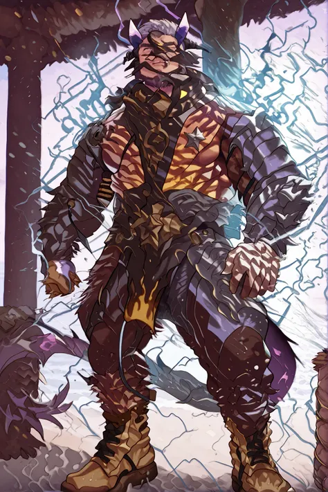 male devil playing in a water park,switch to a larger image, Background of the depiction.、his genitals are not depicted、burning in a yellow flame,more than the character Realistic,horns growing from purple lightning,The upper half of his devilish face is c...