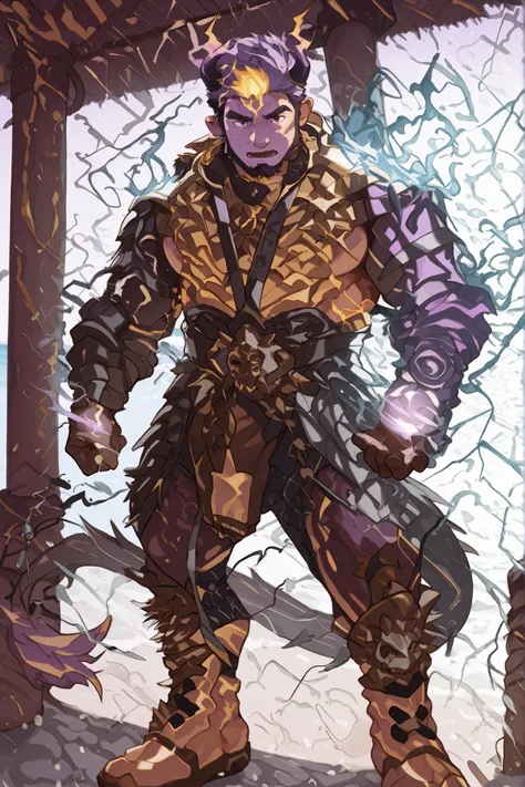 male devil playing in a water park,switch to a larger image, Background of the depiction.、his genitals are not depicted、burning in a yellow flame,more than the character Realistic,horns growing from purple lightning,The upper half of his devilish face is c...