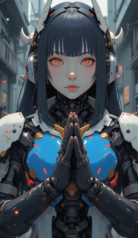 eye height、close-up、詳細で印象的なガンダムを連想させるロボットSuitを着た美しい日本人女性が手のひらを合わせて祈りのポーズをとっている, looks up at the sky. Suit、 Women's face and eyes a prominent blue chest plate with red and gold accents, features a design reminiscent of futuristic armor. shoulders and arms、 ...