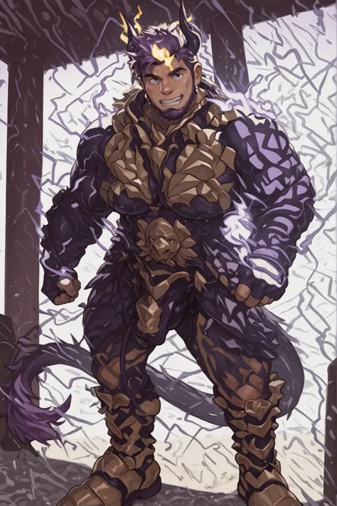 hairy male,arm hair,chest hair,male devil playing in a water park,switch to a larger image, Background of the depiction.、his genitals are not depicted、burning in a yellow flame,more than the character Realistic,horns growing from purple lightning,The upper...