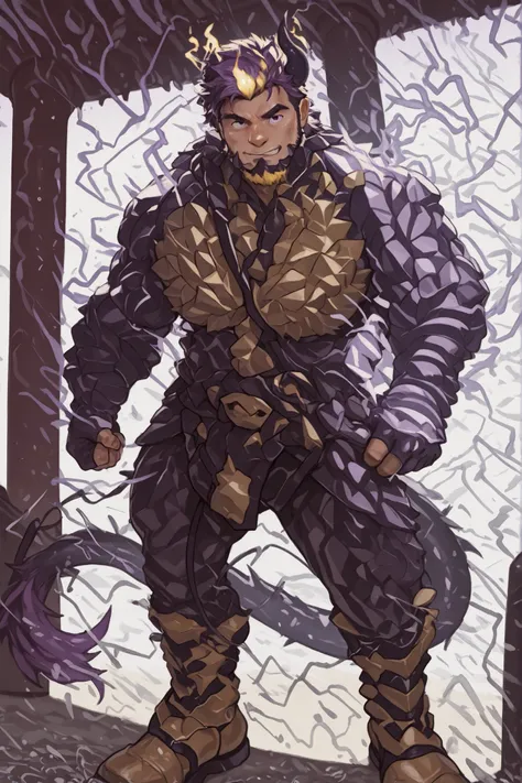 hairy male,arm hair,chest hair,male devil playing in a water park,switch to a larger image, Background of the depiction.、his genitals are not depicted、burning in a yellow flame,more than the character Realistic,horns growing from purple lightning,The upper...