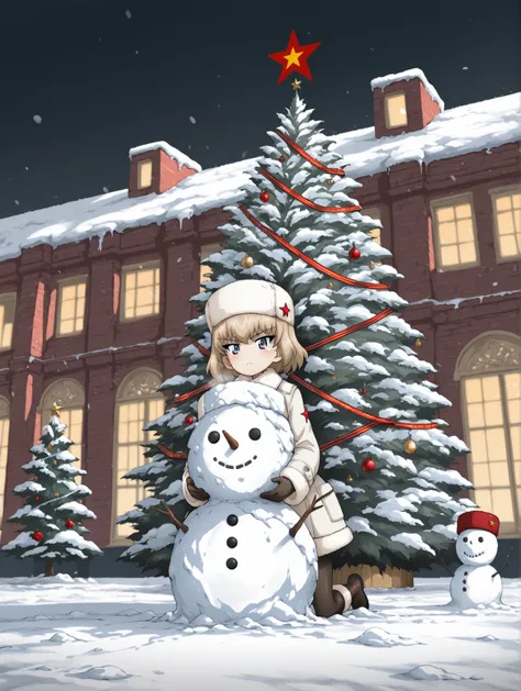 1girl, solo, katyusha \(girls und panzer\),,masterpiece,best quality, white soviet greatcoat, White Russian fur hat with a red Star, building a snowman, snow covered Christmas tree topped with a red Star, Girls Und Panzer art style