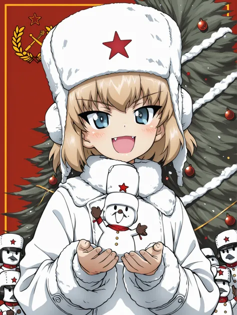 1girl, solo, katyusha \(girls und panzer\),,masterpiece, best quality, happy, cat fang, white soviet greatcoat, White Russian fur hat with a red Star, army of snowmen with soviet army helmets, snow covered Christmas tree topped with a red Star, Girls Und P...