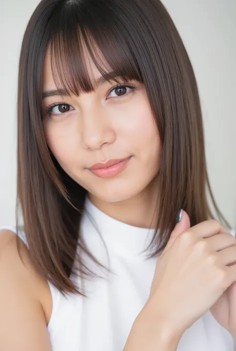 38-year-old woman、looking at camera、Model、top quality、high image quality、big boobs、thin waist、depicts everything from thigh to head、sexy girl、body line、turtleneck sleeveless dress on white