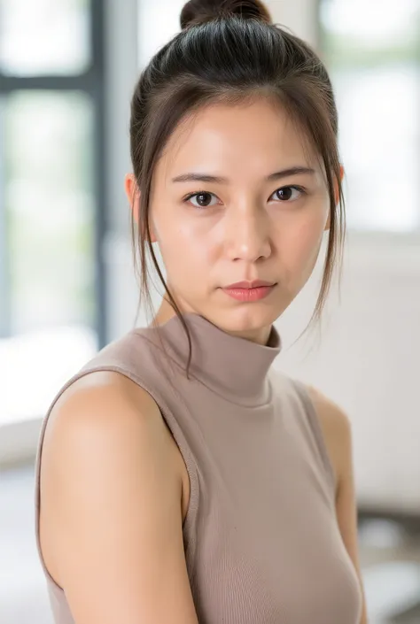 38-year-old woman、looking at camera、Model、top quality、high image quality、big boobs、thin waist、depicts everything from thigh to head、sexy girl、body line、turtleneck sleeveless dress on white