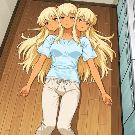 conjoined, anime girl with three heads, long blond hair, tan skin, brown eyes, eyes half open, tired, light blue t-shirt, tan pants, lying on an apartment kitchen floor, arms and legs splayed out, solo, view from above