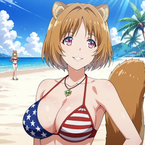 Raphalia short hair, The Rise of the Shield Hero, raccoon ears. Round, pink eyes, orange hair with rounded ears and tail, fair skin, slender figure, and large breasts. Walking on a tropical beach. An evil version of herself with short, parted bangs, yellow...