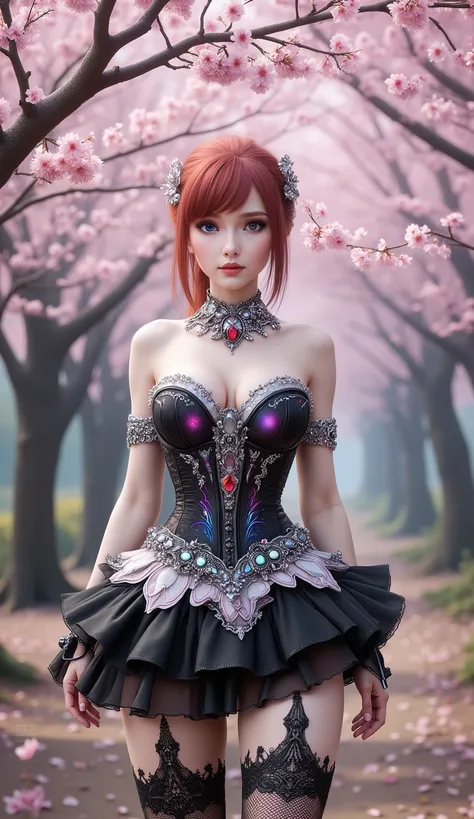 A futuristic fantasy-themed stands beneath cherry blossoms, red hair, wearing a black white Strapless corset-like dress with a deep cleavage, Her outfits blend gothic elegance with cyberpunk technology, adorned with sparkling jewels and intricate magical e...