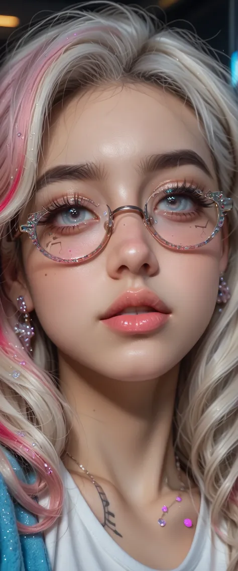 ((centered image, a close up of a beautiful woman with exaggerated features caricaturized in the kawaii style :1.52, thick, fleshy lips with kissable glitter , great with glitter and highlights , false eyelashes and long eyes :1.5 , Beautiful face of a c...