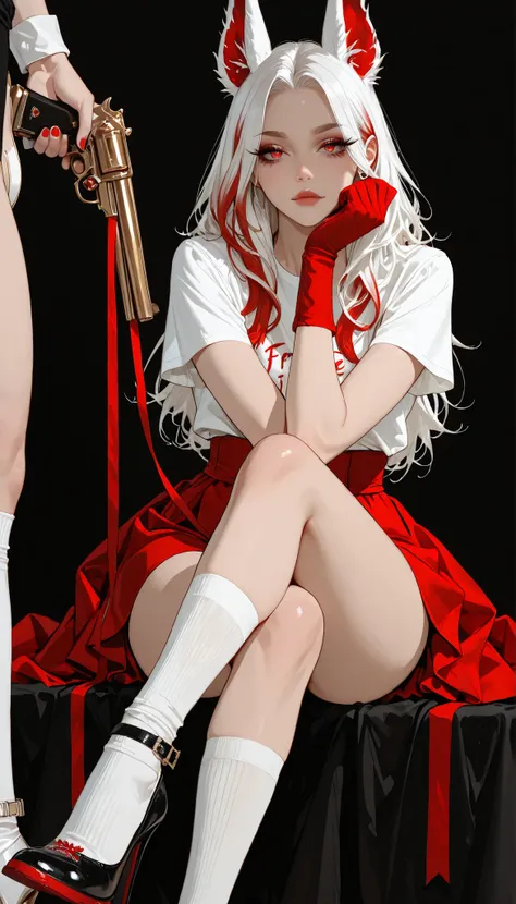 a beautiful young girl, 4k, ultra detailed , Cara hermosa y expresiva , long eyelashes , wearing elegant white heels , legs crossed , sexy, perfect ,piel brillante, young, Feminine style cartoon characters , with white hair a gold and red dracula be...