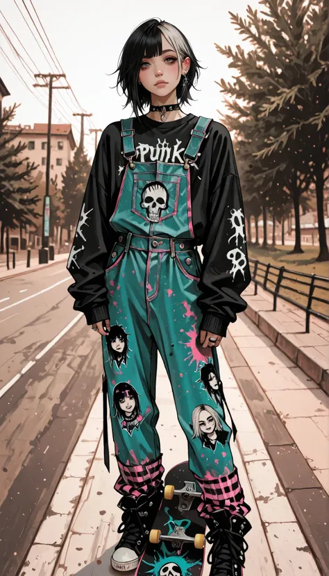 Full leather overall, ring:1.3, young girl with a skateboard on a skate ramp in a park, a photo of Lucia Peka , tumblr, painted, hip emo fashion , grunge style, cool style , young grunge punk rock teen girl , grunge fashion , emo style, An emo girl,...