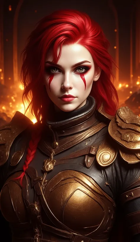 Ultra-realistic 8K vertical portrait, 9:16 composition, strong-featured female warrior inspired by Kratos only beautiful, with pale skin and a detailed red war paint marking across her left eye and on her body. Expression is intense and focused, with sligh...