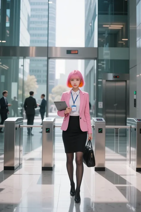 Photorealistic, ultra-detailed, cinematic office lighting, Morning corporate office lobby in a modern high-rise building. Sleek glass security gates and turnstiles in front of elevator hall, reflections on the polished floor. A young woman with bright pink...