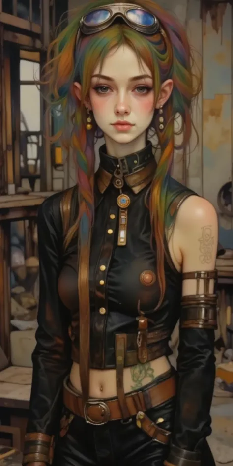 (masterpiece, mejor calidad), Incredibly beautiful young woman with long hair., with two pigtails, radiant hair in various colors dressed in Mad Max style, wears airplane pilot goggles, clothes adorned with intricate ornaments, She poses dynamically and se...