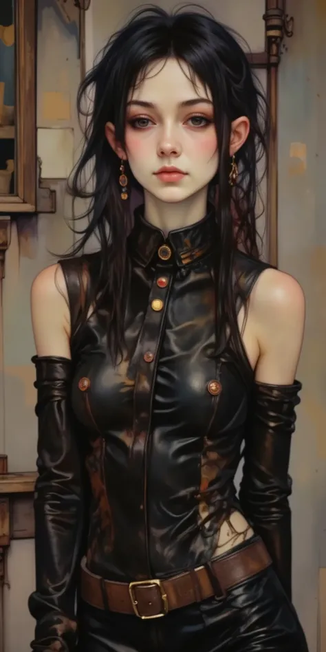 Plan General , she is away from the camera , centered image:1.5, black leather suit with open chest、 Thick lips、depression、20 years、Women、 black hair 、 mejillas rojas 、 pink lips、 long, straight hair、chelín、hime cut、 , simple background 、, claroscuro, ci...