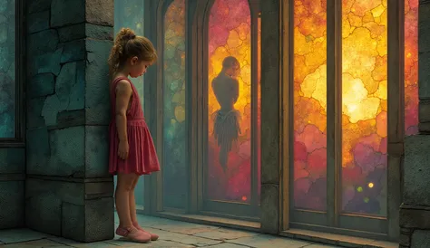 Neo-expressionism, painterly look, detailed, intricate, subdued colors, fantasy, imaginative and expressive styles, dreamy mood, ethereal, texturized, layered, A little girl in first plan, discreetly observes from behind a pillar a ballerina rehearsing in...