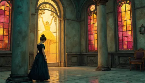 Neo-expressionism, painterly look, detailed, intricate, subdued colors, fantasy, imaginative and expressive styles, dreamy mood, ethereal, texturized, layered, A little girl in first plan, discreetly observes from behind a pillar a ballerina rehearsing in...