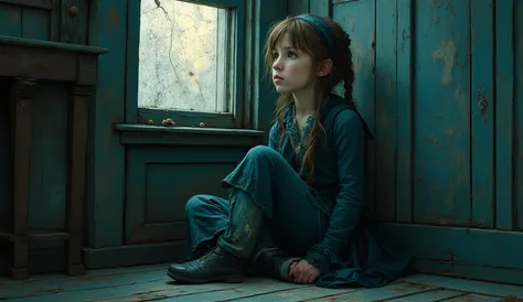 Neo-expressionism, painterly look, detailed, intricate, subdued colors, fantasy, imaginative and expressive styles, dreamy mood, ethereal, texturized, layered,A girl sitting on the floor of a dark room, only illuminated by the sunlight entering through th...