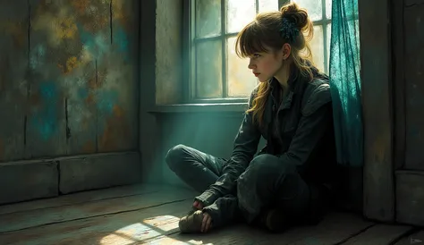 Neo-expressionism, painterly look, detailed, intricate, subdued colors, fantasy, imaginative and expressive styles, dreamy mood, ethereal, texturized, layered,A girl sitting on the floor of a very dark room, only illuminated by the sunlight entering throu...