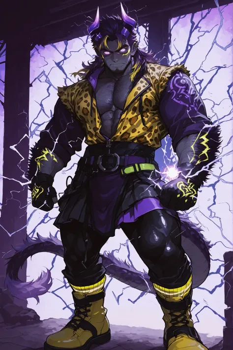 hairy male,chest violet hair,arm violet hair,Lightning ball,,Violet eyes, glowing eyes,,Violet theme,,1boy, solo,,Ligmagmb, electricity, lightning, glowing,,Neon Henna Tattoo,The stylish character with “dark blue gray skin!!” and bright purple eyes、 dark, ...