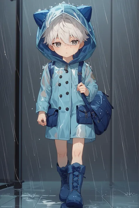 Shiro Nagi、Blue Rock、white hair、grey eyes、boring expression、high image quality、masterpiece、4K
When I was little
Three years old
Shota
Walking on a rainy day
blue raincoat
boots
puddles
After the rain