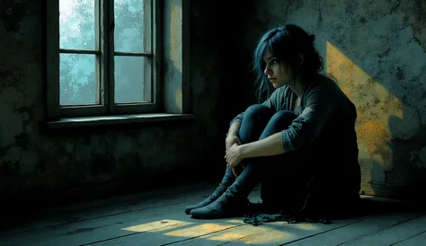 Neo-expressionism, painterly look, detailed, intricate, subdued colors, fantasy, imaginative and expressive styles, dreamy mood, ethereal, texturized, layered,A girl sitting on the floor of a very dark room, she hides in the shadows and we can only see he...
