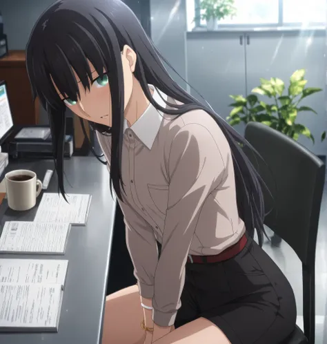 ufutable style ,masterpiece,best quality,good quality,newest, 8k, from side, from above,
indoors ,(cinematic light, sunlight), (sitting ), (plant ,detailed background, office),parted lips, ,
light embarrassed,
looking at viewer, (), ,head tilt, hand betwe...