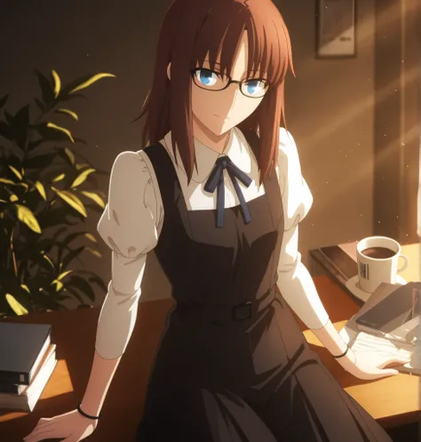 ufotable style ,masterpiece,best quality,good quality,newest, 8k, , from above,
indoors ,((cinematic light, sunlight, backlight)), (sitting ), (plant ,detailed background, office),, , 
expressionless, light smile,
looking at viewer, head tilt, bracelet, pc...