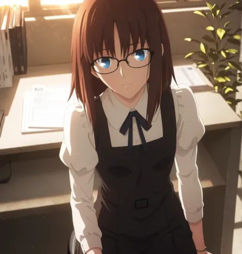 ufotable style ,masterpiece,best quality,good quality,newest, 8k, , from above,
indoors ,((cinematic light, sunlight, backlight)), (sitting ), (plant ,detailed background, office),, , 
expressionless, light smile,
looking at viewer, head tilt, bracelet, pc...