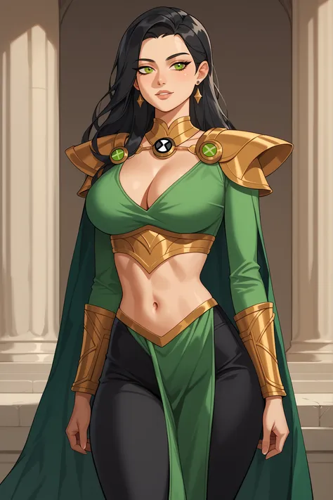 masterpiece, ultra-high quality, professionally detailed, professionally shaded,PonyXLV6_Scores, single person, god, black hair, Divine clothing, green eyes, big breasts, robes, pants, ben10, robes, cleavage, long hair, black pants, navel, thick thighs, wi...