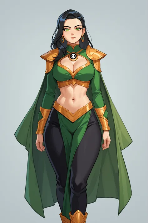 masterpiece, ultra-high quality, professionally detailed, professionally shaded,PonyXLV6_Scores, single person, god, black hair, Divine clothing, green eyes, big breasts, robes, pants, ben10, robes, cleavage, long hair, black pants, navel, thick thighs, wi...