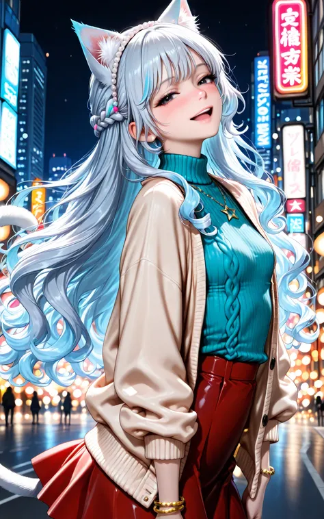 a girl, 

(background: (Lok Lok Street:1.2), (night cityscape), Mysterious Color Neon Sign, Bewitching Sign, City lights, (bokeh lighting), Bewitching Cityscapes, autumn dusk, Realistic Shadows,  exquisite background ), 

((teased voluminous wavy long hair...
