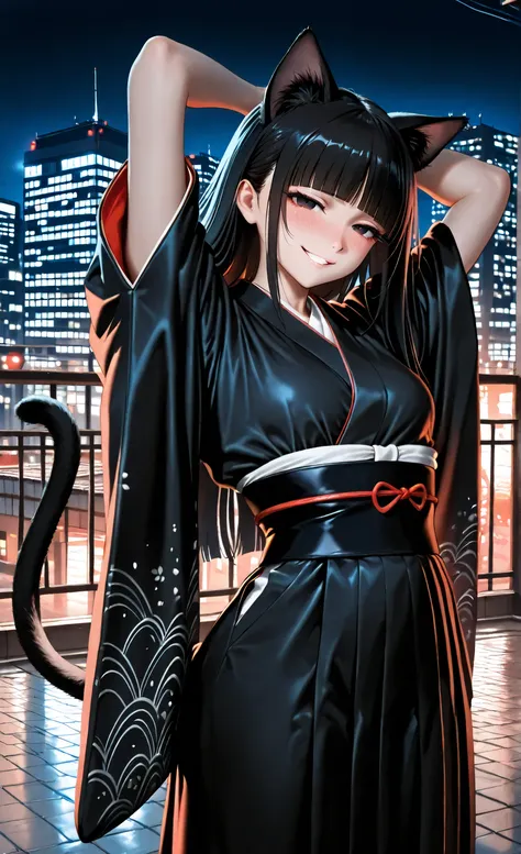 girl,  

(background: (City building rooftop, moonlit night, night view)), 

(Stretched out arms up and raised high, Wiggling hips, Grabbing the hem of my kimono), 

(long platinum black hair flowing straight down past the shoulders, sleek and smooth with ...
