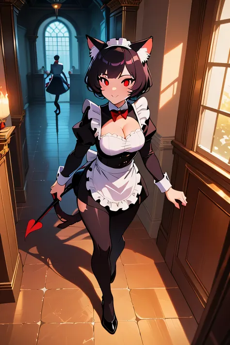 A demon anthro catwoman walking down a hall of a mansion, glowing red eyes, maid outfit