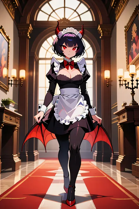 A demon anthro catwoman walking down a hall of a mansion, glowing red eyes, maid outfit