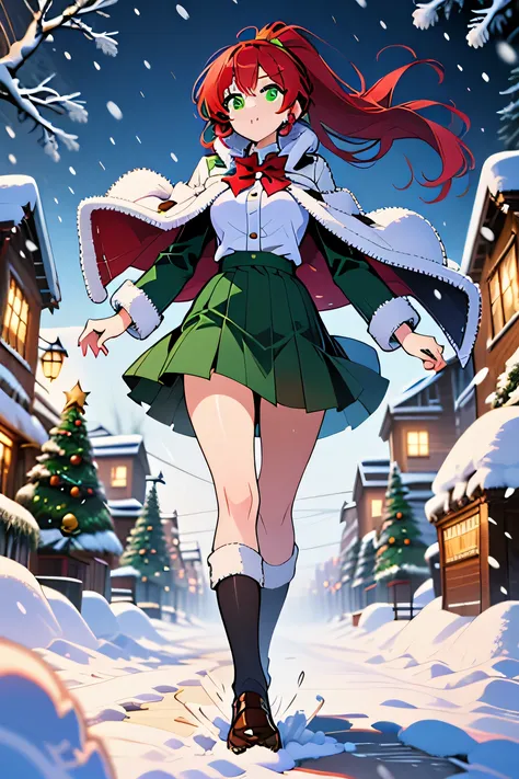 Suzy Cogsworth(long flowing red hair in a long ponytail, green eyes) wearing (Christmas themed school uniform, great coat) Large snow storm, fast winds, walking with difficulty