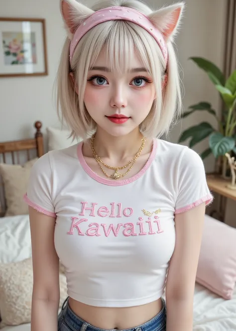 8k resolution,ultra fine,is very realistic,professional lighting,3d rendering, white cat、Short-haired female cat、Polka dot bandana, "Hello Kawaii"T-shirt embroidered with、jeans、shows slim belly、embroidery-like expression。