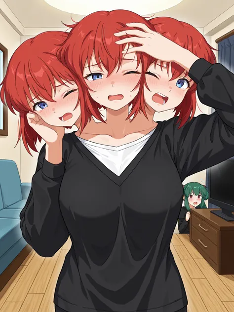 conjoined, anime girl with three heads, weary, headache, hangover, in pain, dizzy, short red hair, blue eyes, one eye closed, open mouth, black shirt with v-neck, white undershirt, hand on forehead, penthouse living room, solo