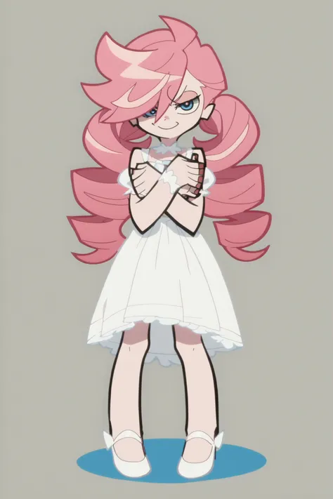 p&s style, screencap, anime, score_10, flat colors, woman, pale skin, blue eyes, pink hair, smug expression, curly double pigtails hair, frilly white dress, white high heels, front view, hair covering eye