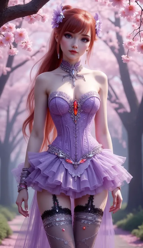 A futuristic fantasy themed figure stands under cherry blossoms, red hair, wearing a strapless corset-like purple dress with a plunging neckline. Her outfit blends gothic elegance with cyberpunk technology, adorned with sparkling gems and intricate magical...