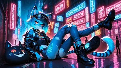 photography, ultra highres, RAW photo, anime furry anthropomorphic cat-boy demon lounging atop neon billboard, confidently mischievous expression with vertical slit pupils, midnight blue fur with tribal markings that pulse with inner light, modern punk-ins...