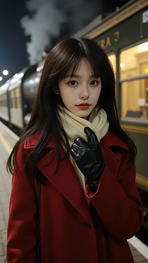 High-end fashion photo: A smooth white East Asian girl with long straight black hair, a sharp face with a striking outline, wearing an oversized dark red winter coat, a soft cream scarf, black leather gloves, half a picture of her standing on a vintage tra...