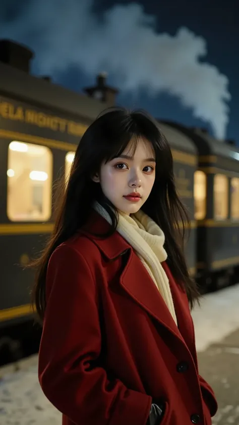 High-end fashion photo: A smooth white East Asian girl with long straight black hair, a sharp face with a striking outline, wearing an oversized dark red winter coat, a soft cream scarf, black leather gloves, half a picture of her standing on a vintage tra...