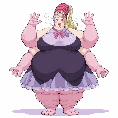 OctopakoOP, 1girl, solo, monster girl, octopus girl, colored skin, pink skin, six arms, round pink hat with white goggles, long hair, blonde hair, ponytail, full lips, dark pink lips, brown eyes, tongue, tongue out, blush stickers, silk von santana, purple...